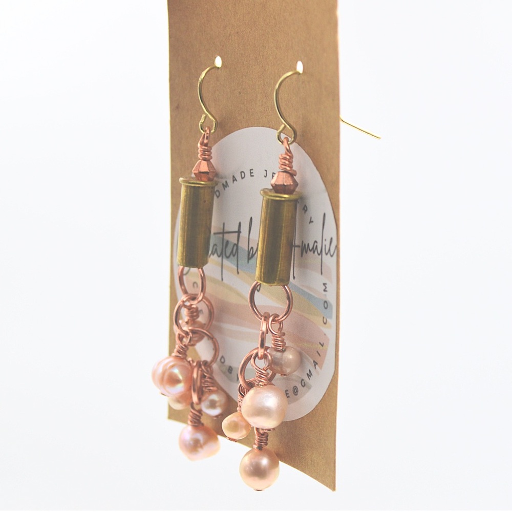 Handmade Pearl and Copper Earrings 14k GP- Unique Statement Piece - Picture 4 of 6